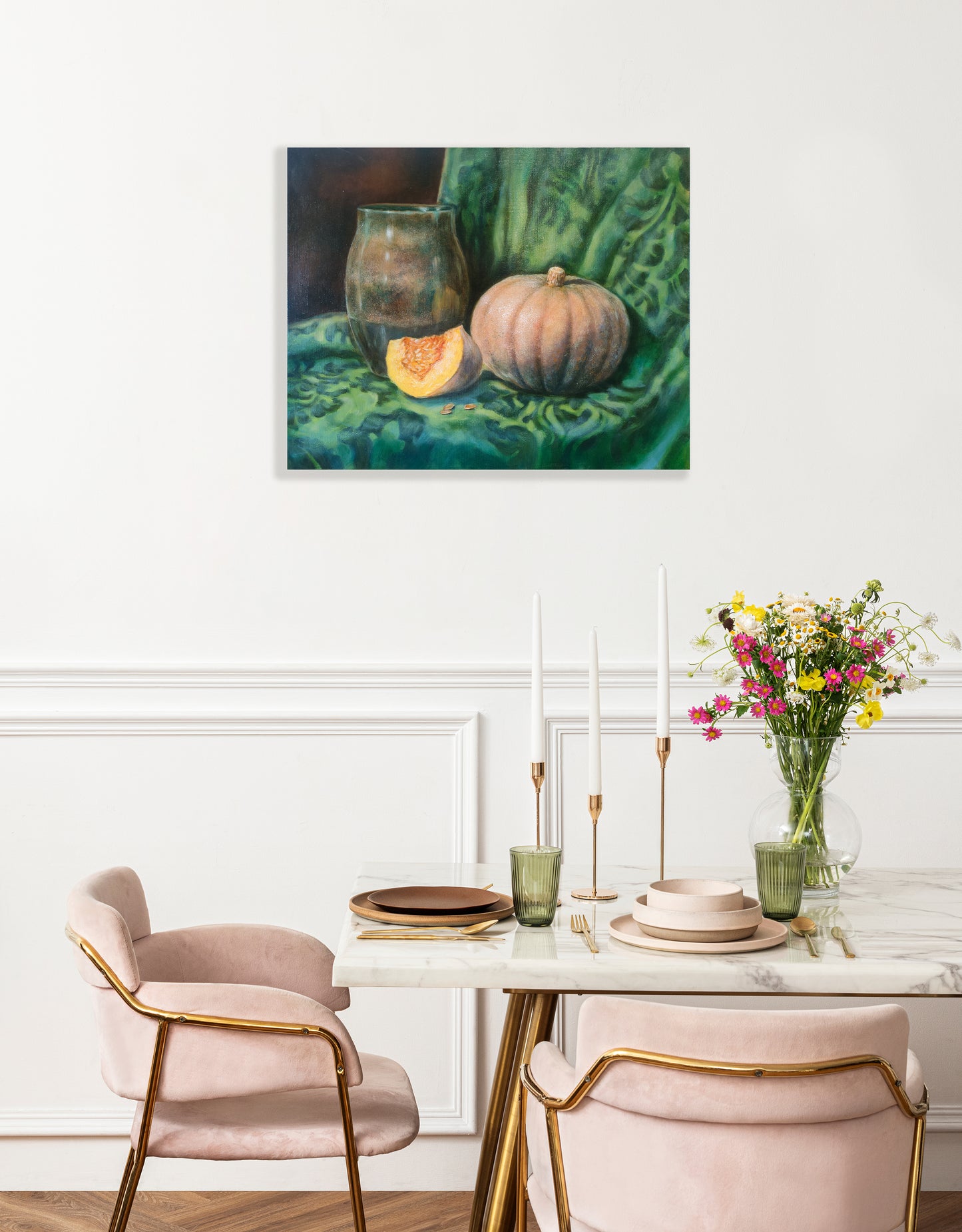 Pumpkin and Temuka Vase on Green Drapery - original artwork