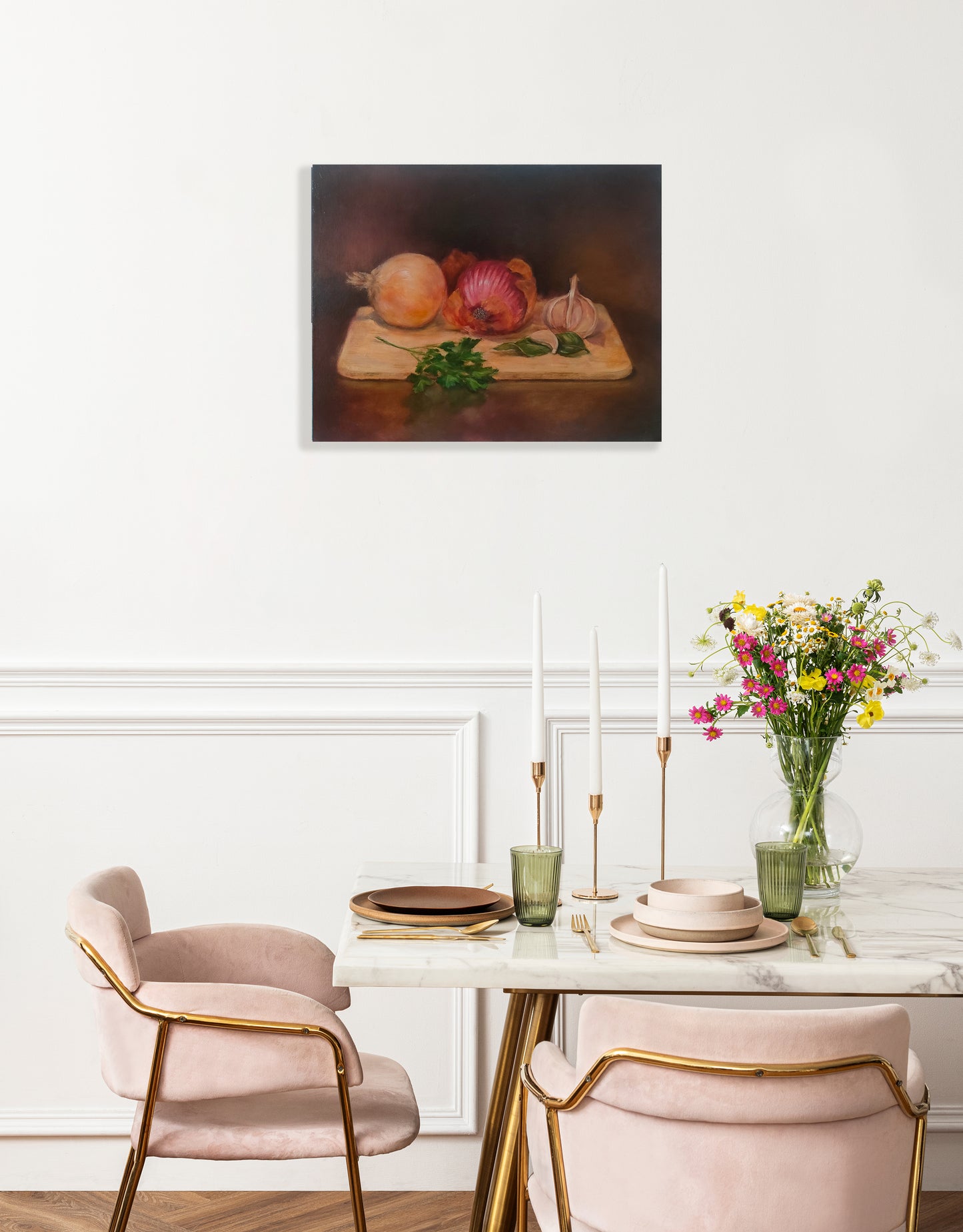 Still Life with Onion, Garlic and Herbs – Oil on Canvas Mounted on Panel - original artwork