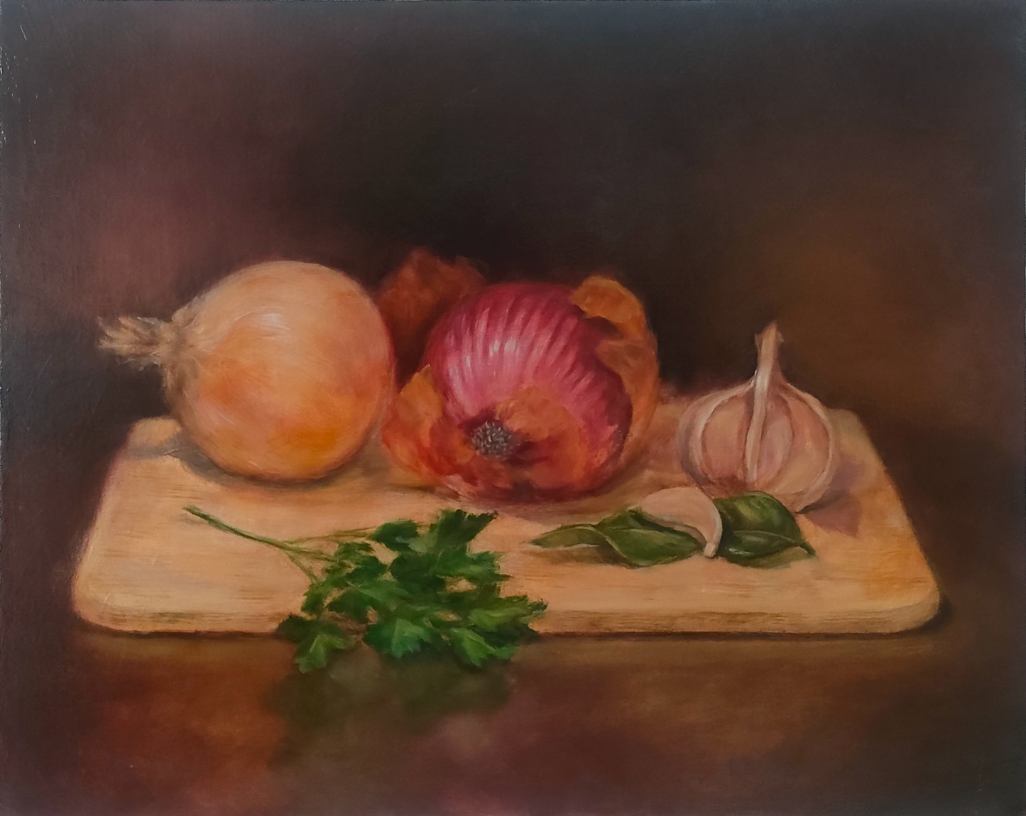 Still Life with Onion, Garlic and Herbs – Oil on Canvas Mounted on Panel - original artwork