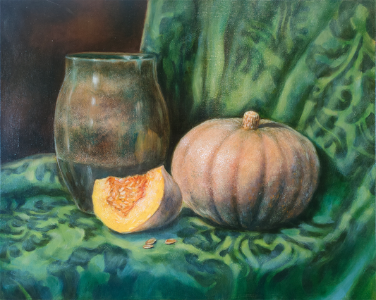 Pumpkin and Temuka Vase on Green Drapery -  original artwork